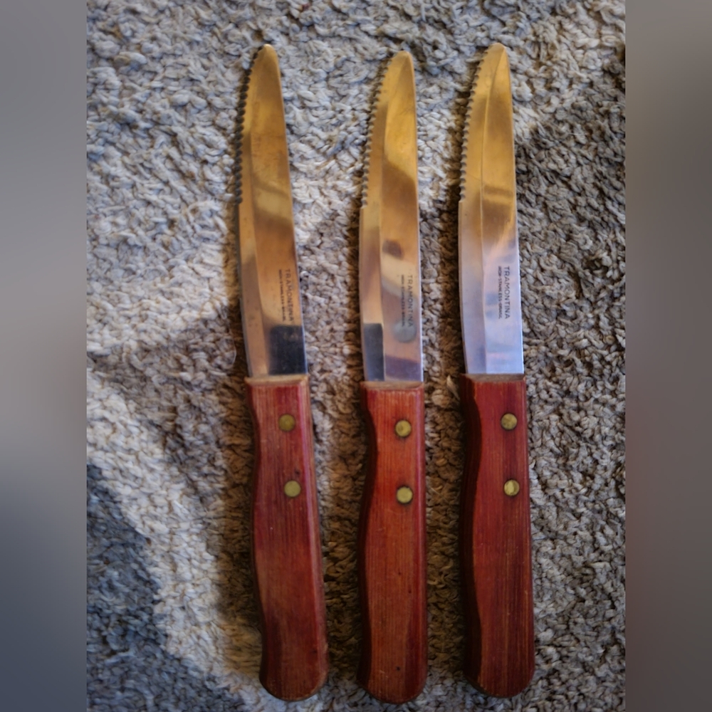 3 Tramontina Steak Knives with Wooden Handles